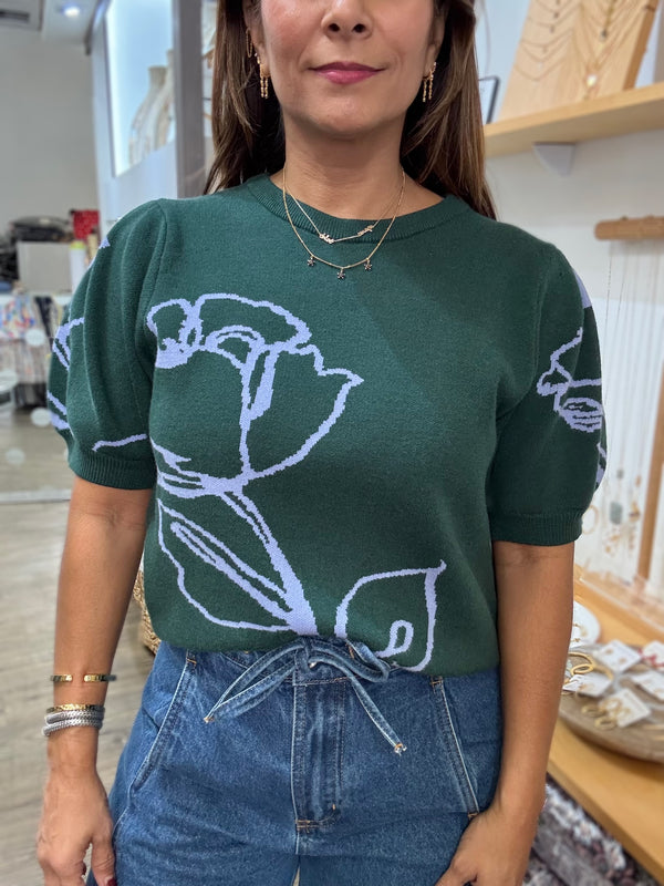 Hunter Green & Blue Flower Top