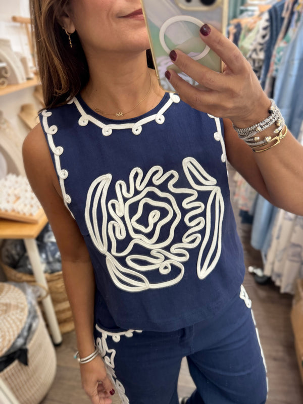 Navy Embroidered Detail Top & Pant Set