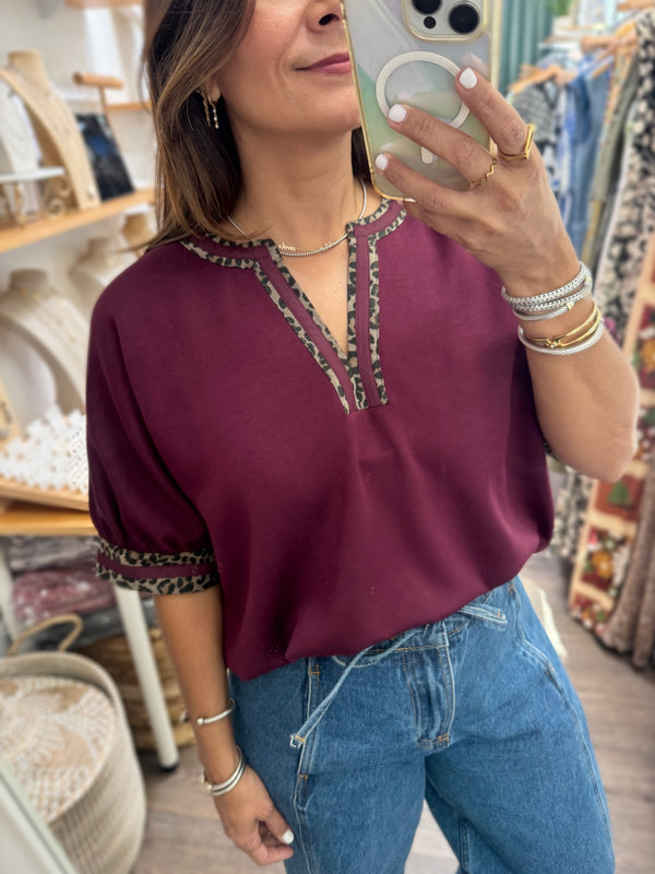 Burgundy V-Neck Trim Detail Top