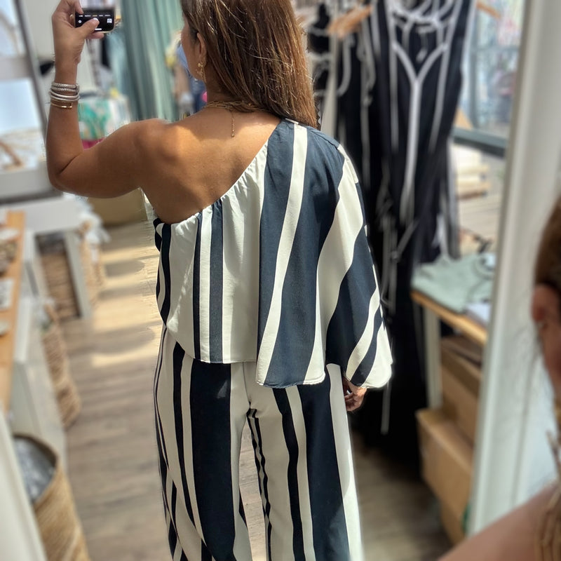 Navy Stripes One Shoulder Jumpsuit