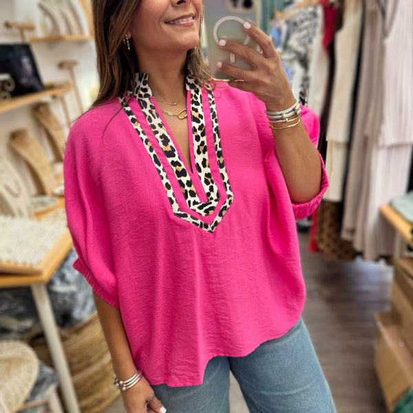 Hot Pink Leopard Print Neck Top