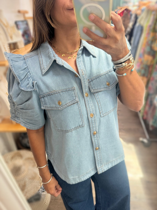 Denim Ruffled Sleeves Top