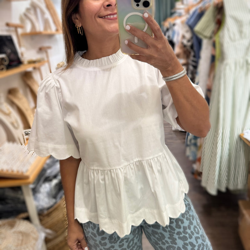 White Scalloped Hem Top