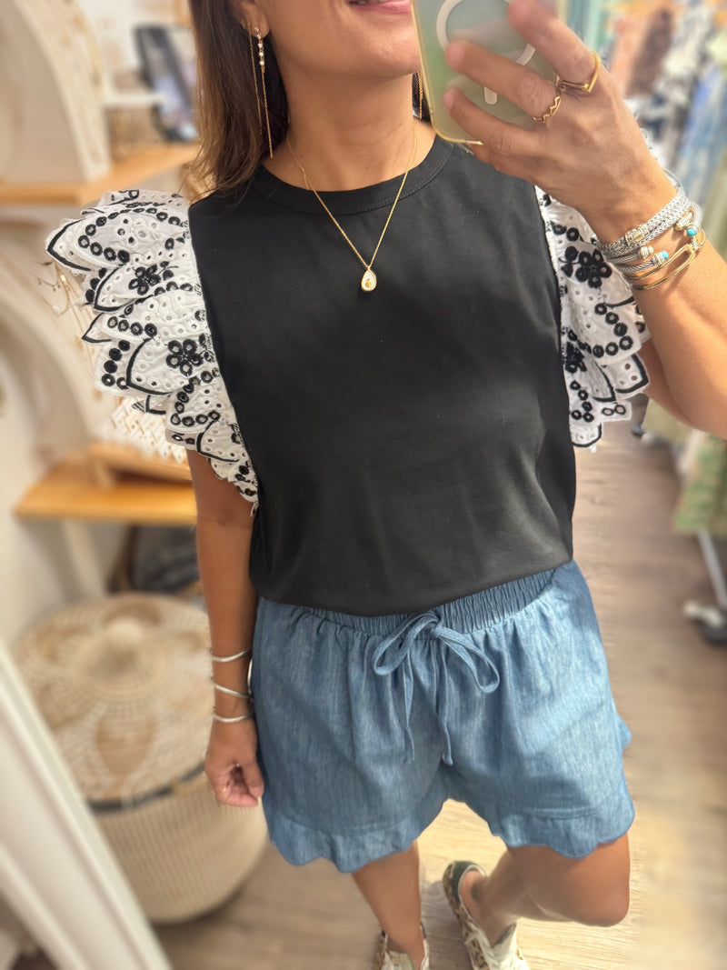 Black Eyelet Sleeves Top