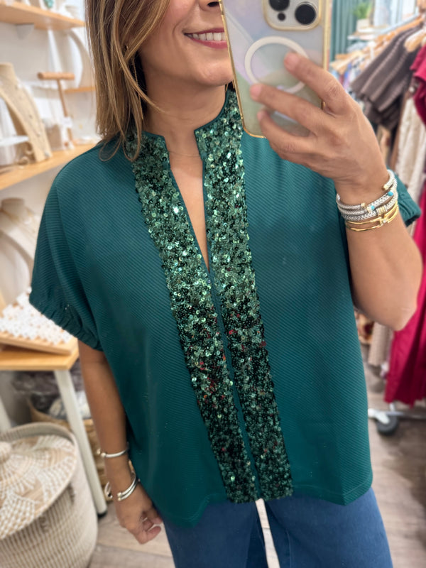 Green Sequin Detail Textured Top