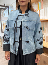 Mandarin Neck & Embroidered Sleeves Denim Jacket