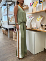 Olive Top & Side Stripes Pant Set