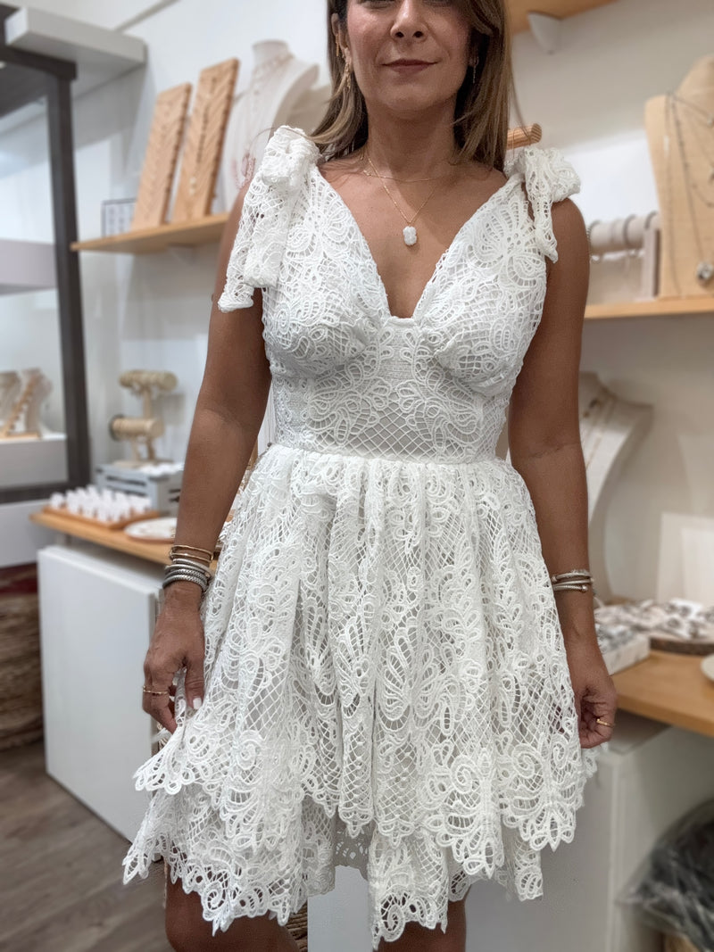 White Lace Shoulder Ties Dress