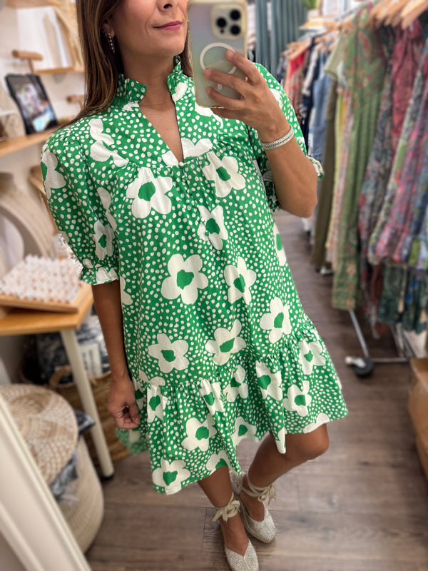 Green Floral Print Drop Waist Dress