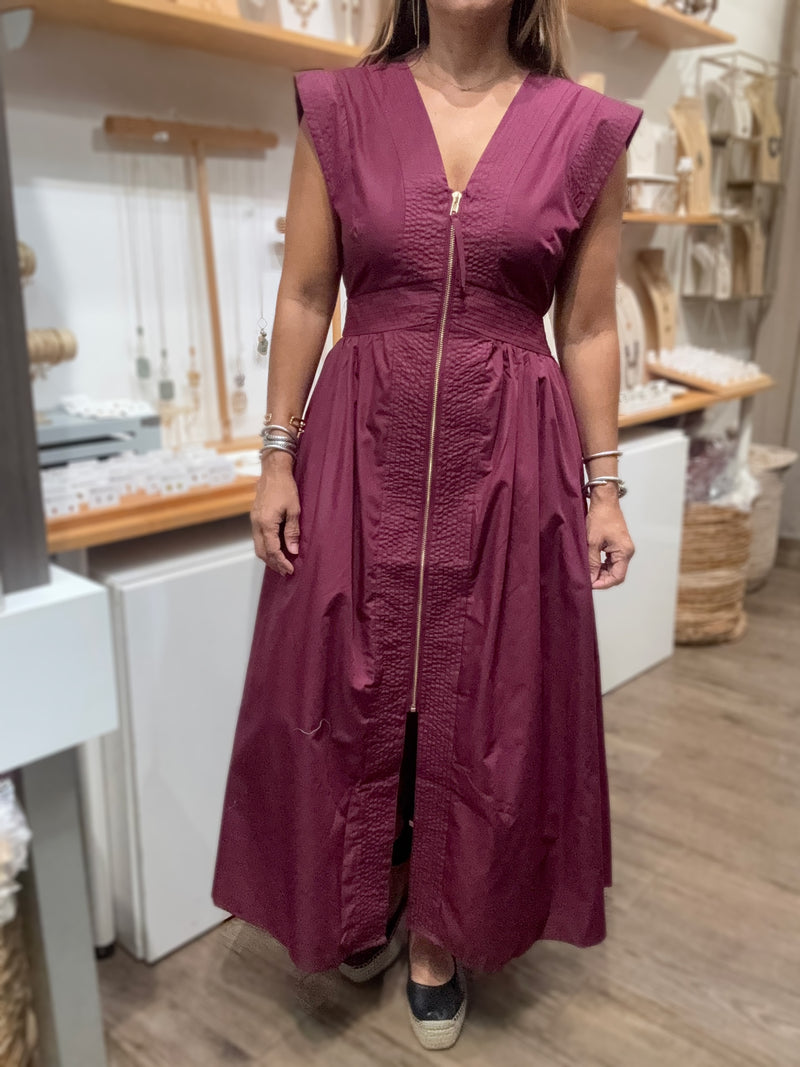 Burgundy V-Neck Front Zipper Dress