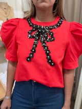 Red Embellished Bow Detail Top