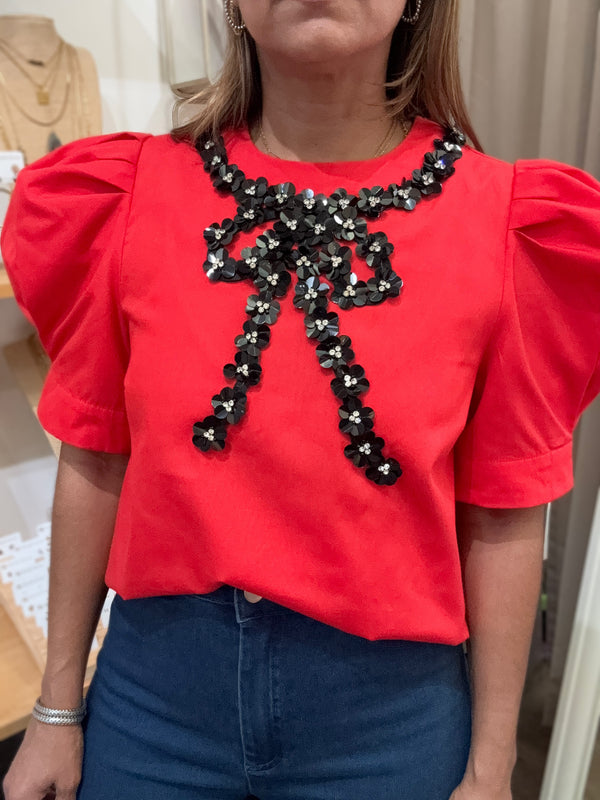 Red Embellished Bow Detail Top