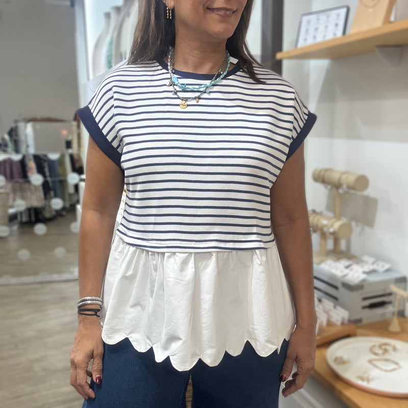 Navy Stripes Scalloped Hem Top