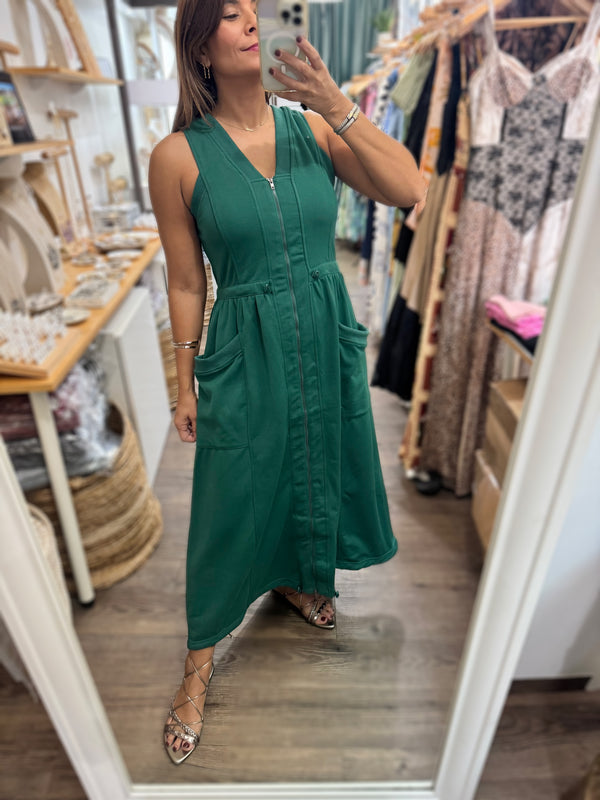 Hunter Green Front Zipper Dress