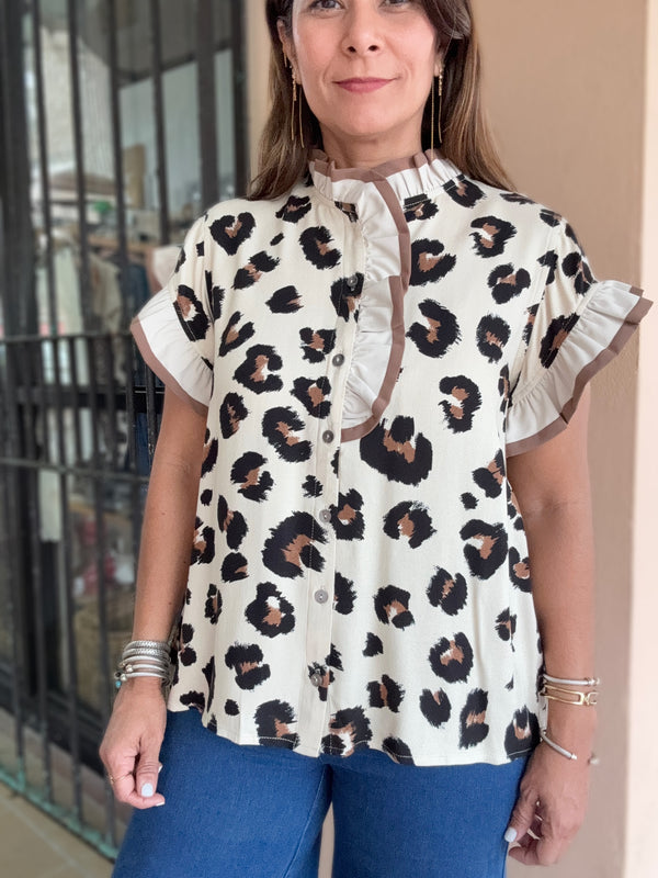Animal Print Ruffled Detail Top