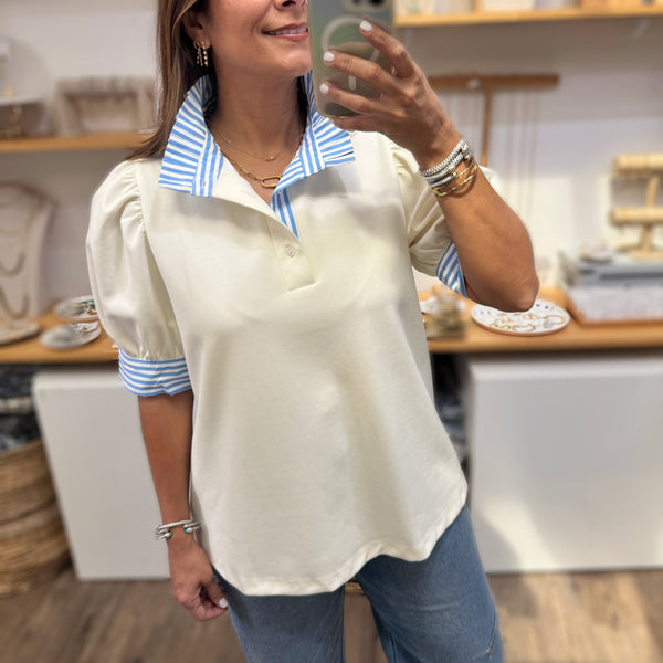 Ivory & Blue Stripes Neck Top