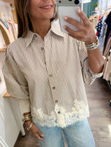 Brown Stripes Lace Hem Top