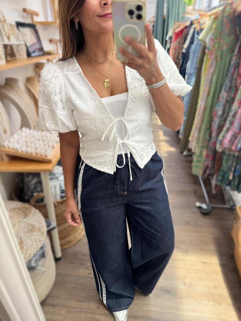 White Crochet Contrast Top