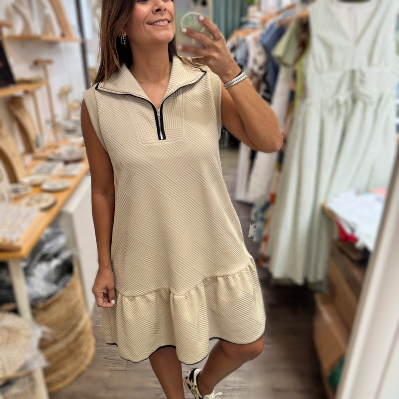 Beige Drop Waist Textured Dress