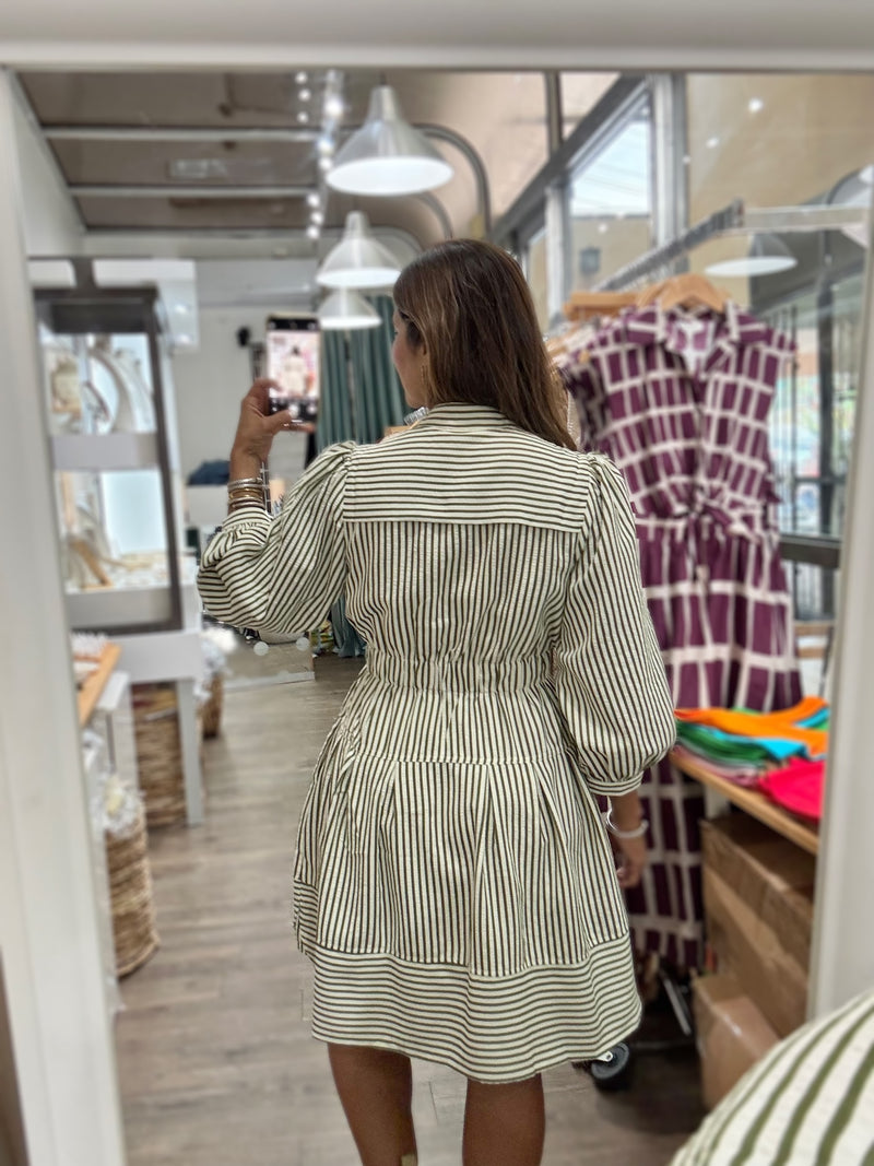Green Stripes Cinched Waist Dress