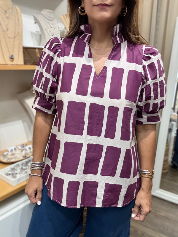 Wine Geometric Print Top