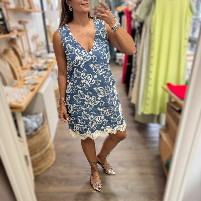 Chambray Embroidered Shift Dress