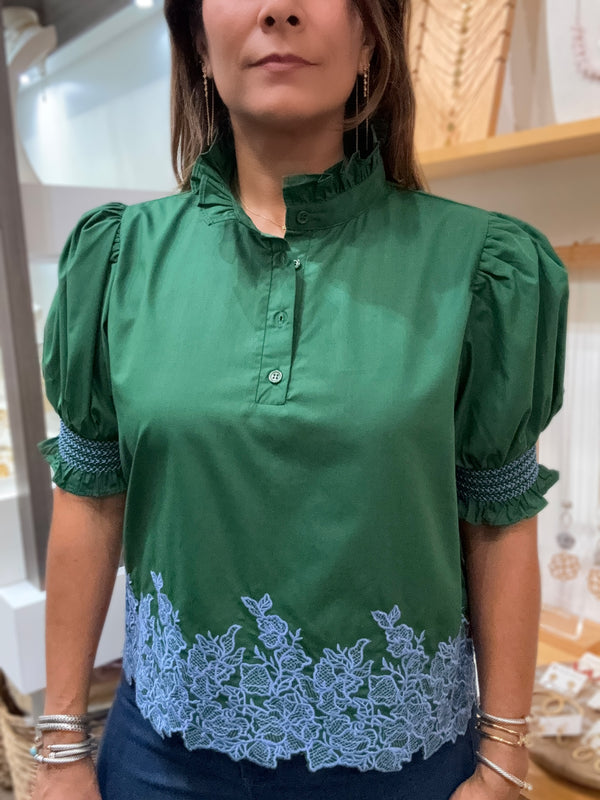 Hunter Green & Blue Embroidered Detail Top