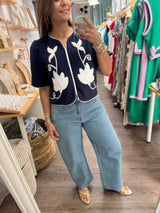 Navy Floral Applique Top