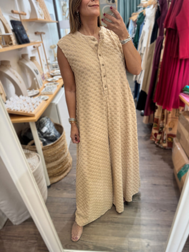 Sand Wide Leg Textured Jumpsuit