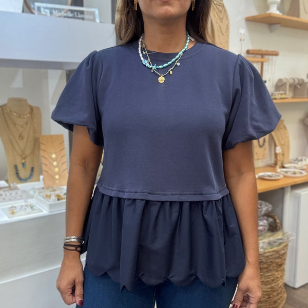 Navy Scalloped Hem Top