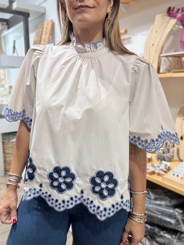 Ivory & Blue Embroidered Hem Top