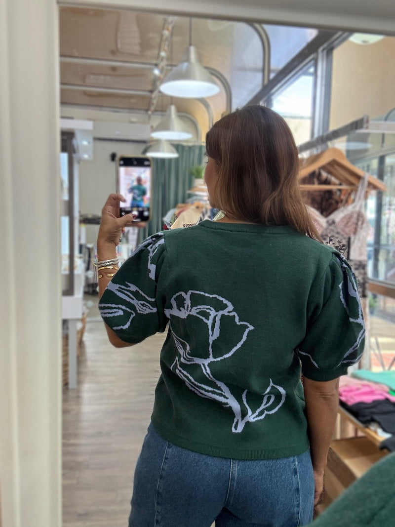 Hunter Green & Blue Flower Top