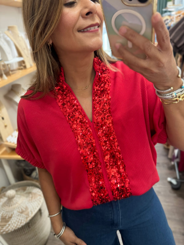 Red Sequin Detail Textured Top