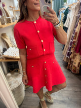 Red Gold Buttons Top & Skirt Set