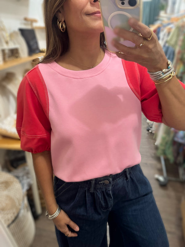 Pink & Red Contrast Sleeves Top