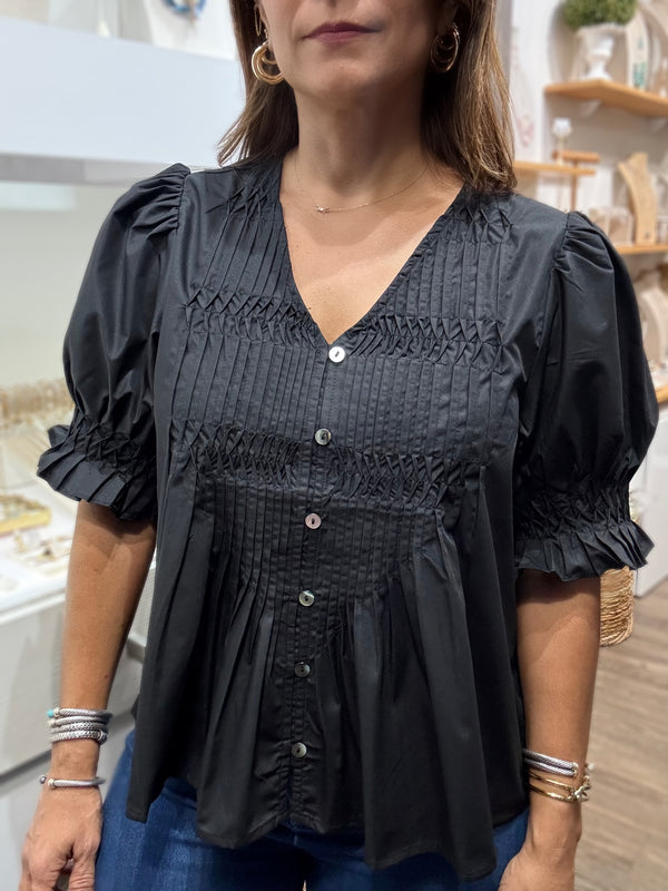 Black Pleated Front Top