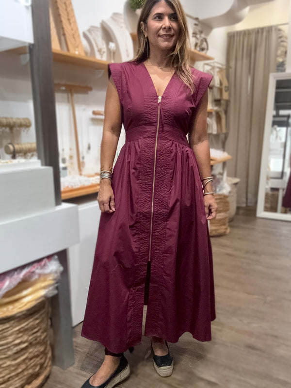 Burgundy V-Neck Front Zipper Dress