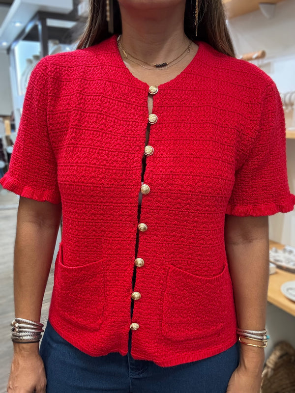 Red Textured Button Down Top