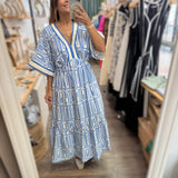 Blue Geometric Print Kimono Sleeves Dress