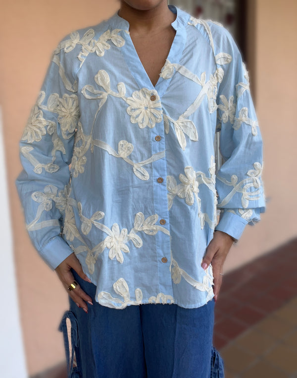 Blue And Ivory Flower Print Top