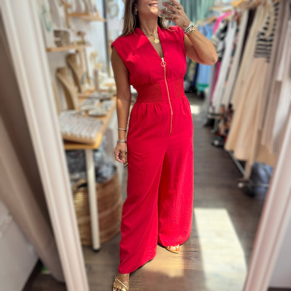 Red Smocked Waist Jumpsuit