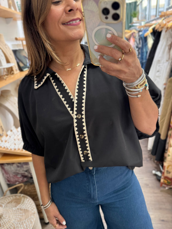 Black Embroidered Detail Collared Top