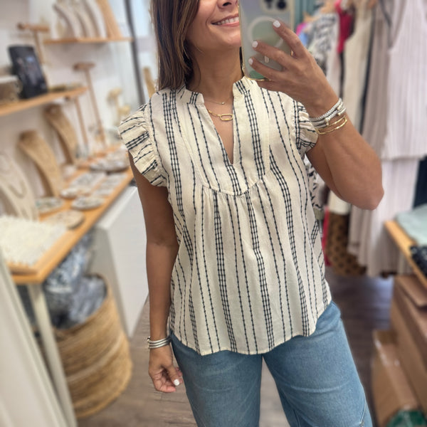 White & Black V -Neck Top