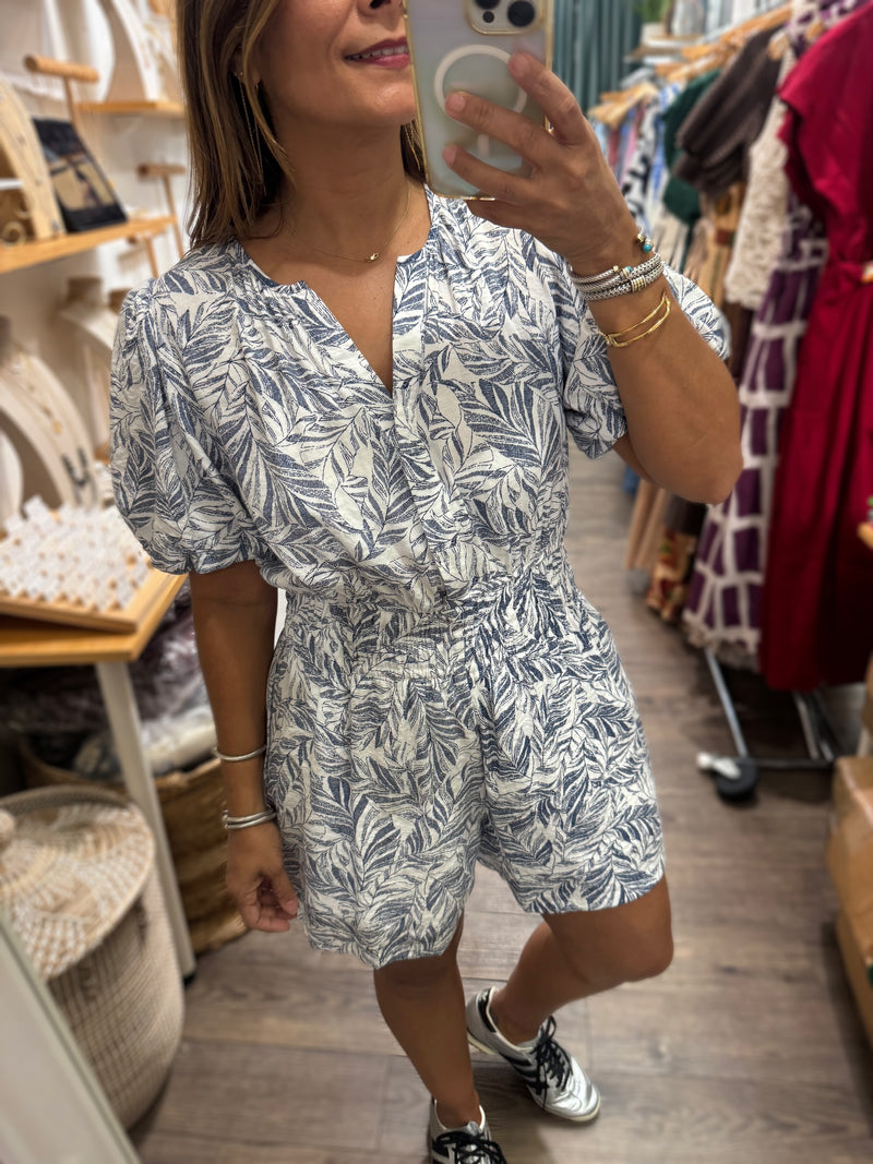 Blue Leaves Cinched Waist Romper