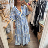 Blue Geometric Print Kimono Sleeves Dress