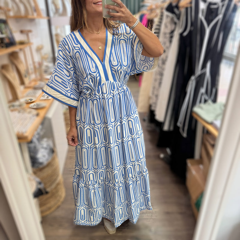 Blue Geometric Print Kimono Sleeves Dress