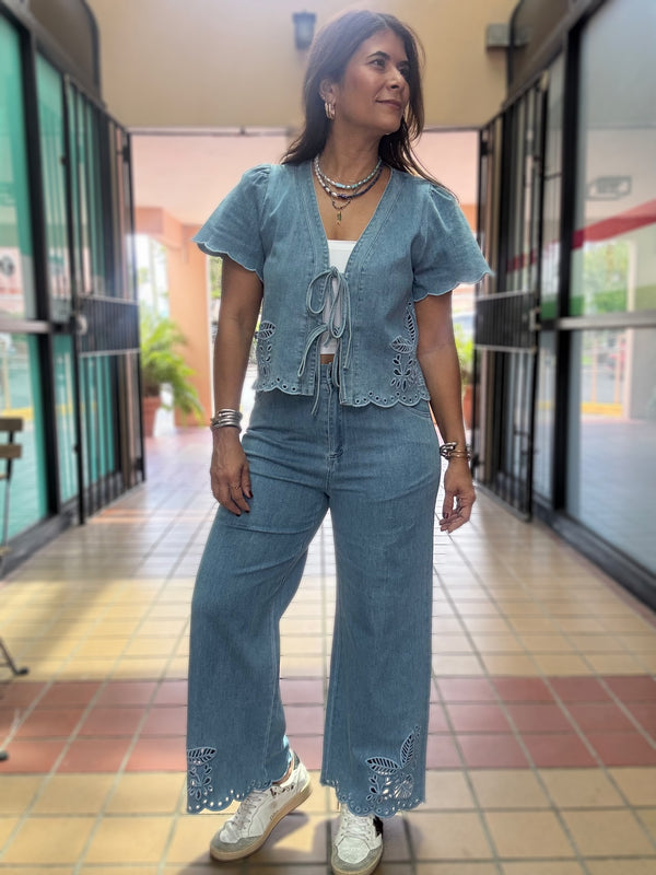 Light Denim Ties Front Top & Pant Set