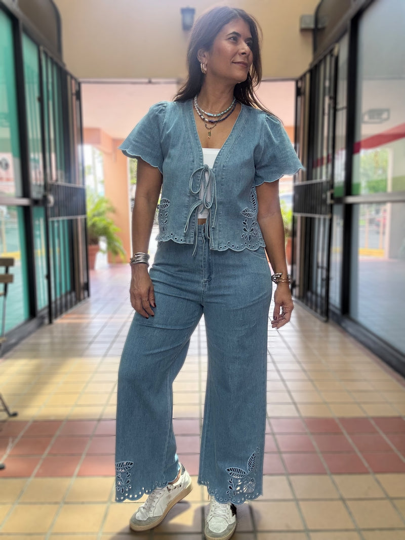 Light Denim Ties Front Top & Pant Set
