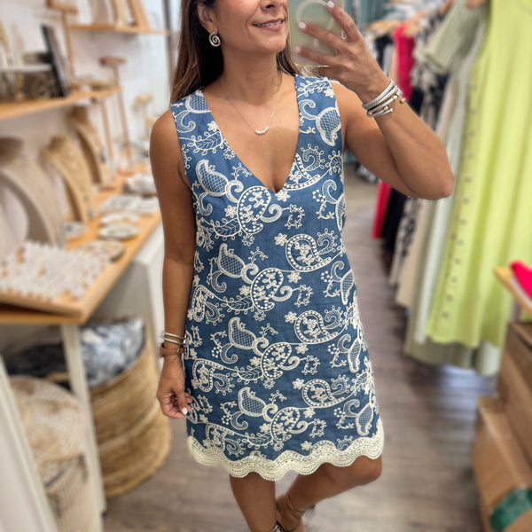 Chambray Embroidered Shift Dress