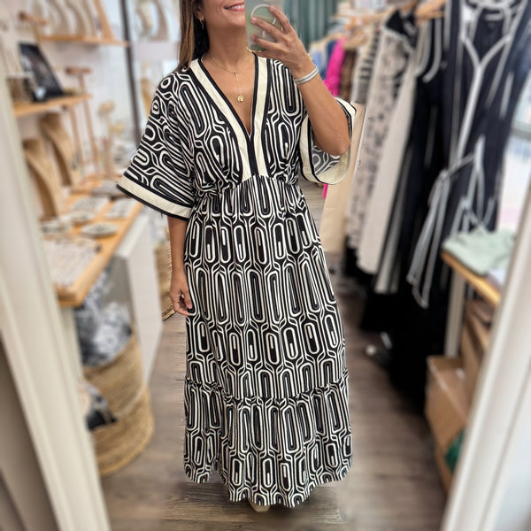 Black Geometric Print Kimono Sleeves Dress